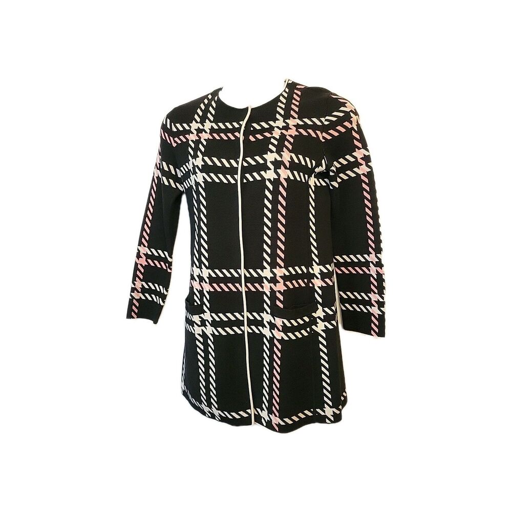 Talbots Checkered Plaid Knit Coatigan Long Knit Sweater Coat Size S Snap Close